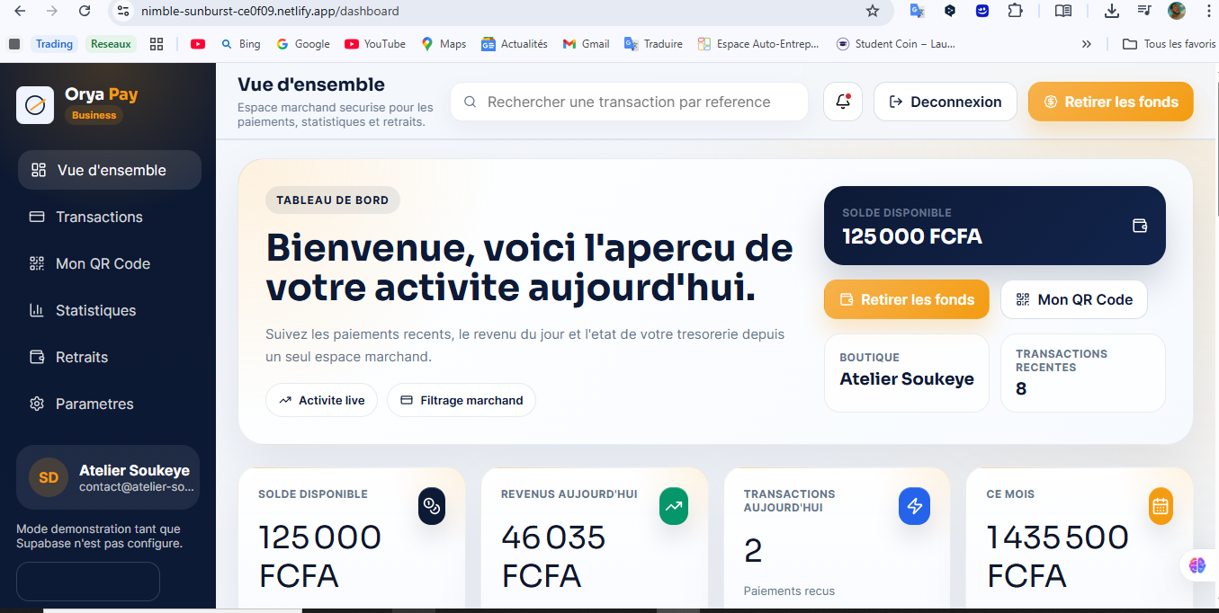 OryaPay Business Dashboard Mockup